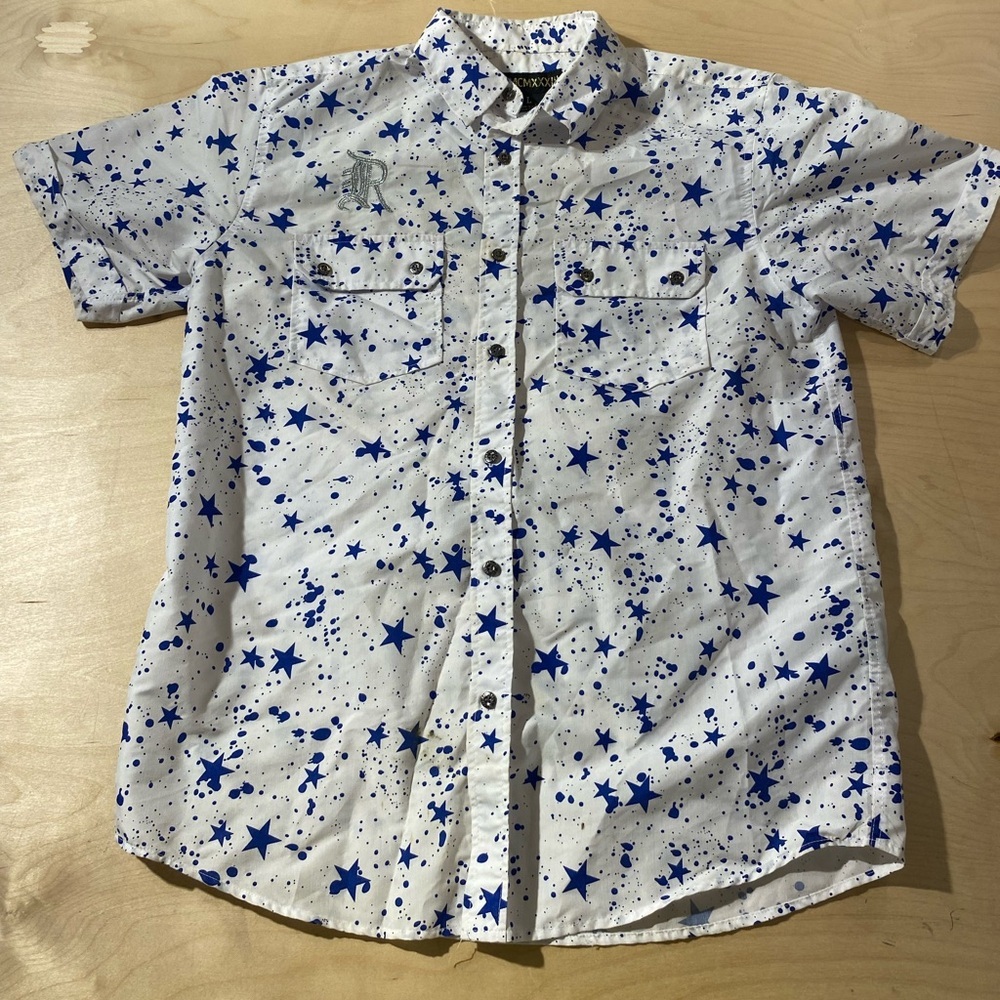 Red Ape Men's Star Print Short Sleeve Shirt - Blue & White Large (GB)